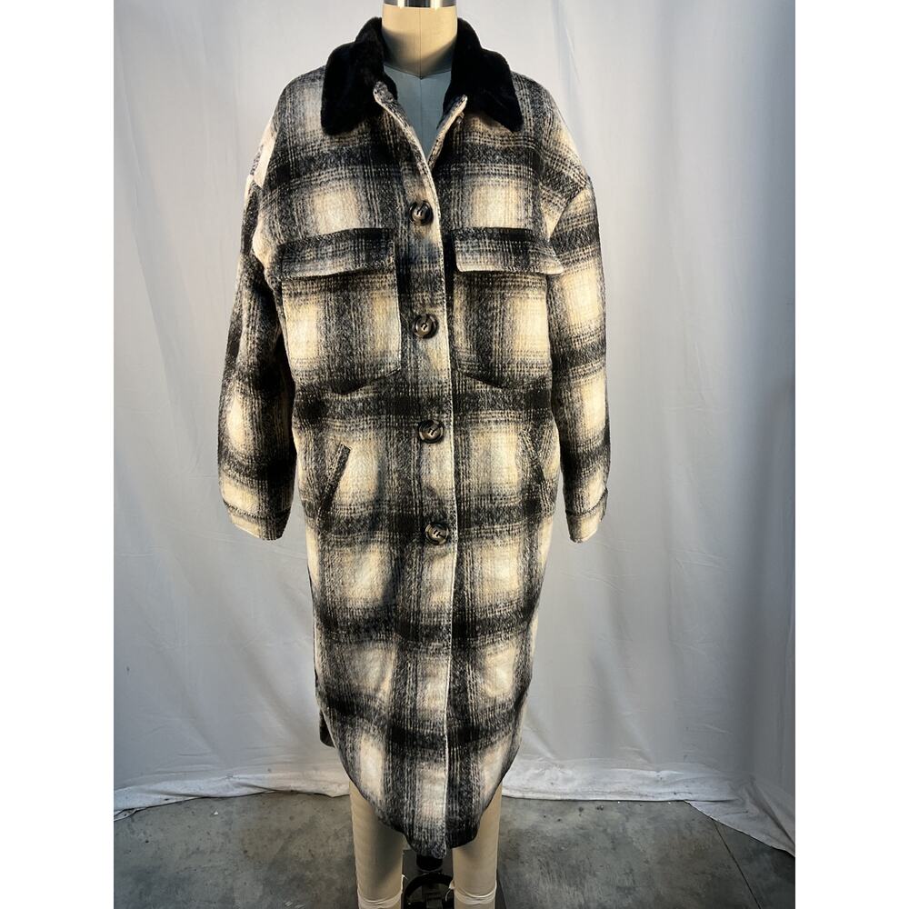 Apparis Black and Cream Plaid Long Coat - Picture 2 of 5